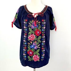 Durga navy blue flower floral embroidered folk peasant top shirt